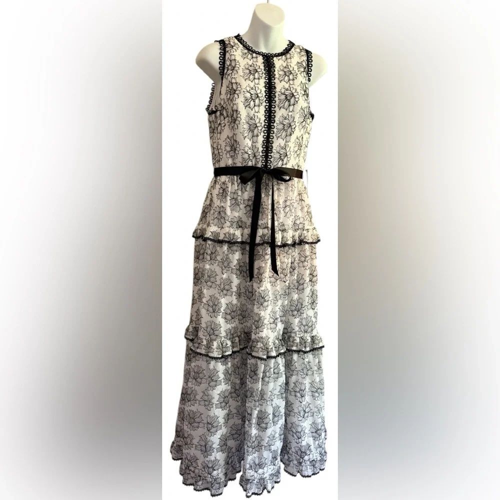 Monique Lhuillier A-Line Cocktail Dress, White/Black, Floral Women's 8 - Picture 1 of 16
